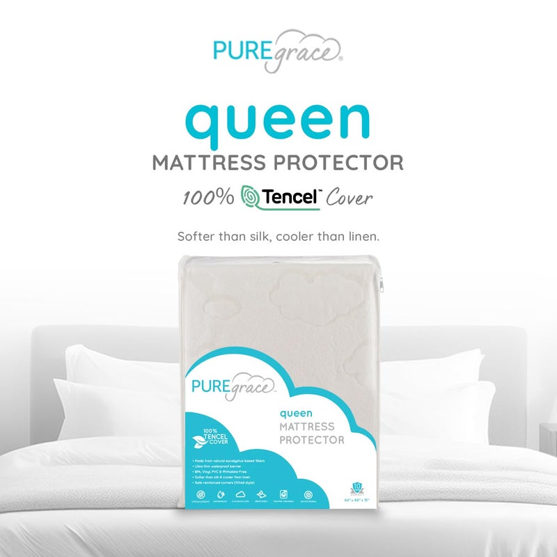 PUREgrace Tencel Mattress Protector (Queen) â€“ Waterproof, Noiseless Cover, Soft and Breathable with Deep-Pocketed Corners for Secure Fit - Image 1